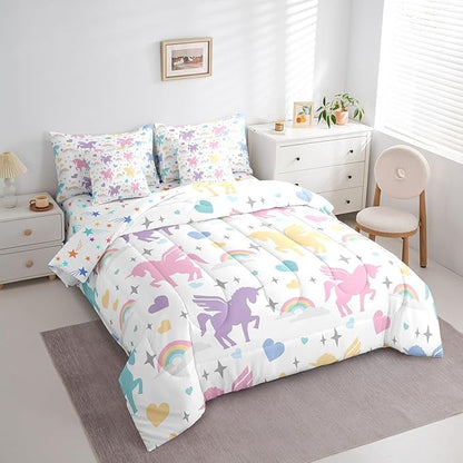 7 Pieces Kids Teens Rainbow Unicorn Comforter Set Full Size Cute Unicorn Bedding Set with Comforter,Sheet Set,Pillowcase and Sham Fairy Tale Bed Set Colorful Animals Bedding for Room Decorative