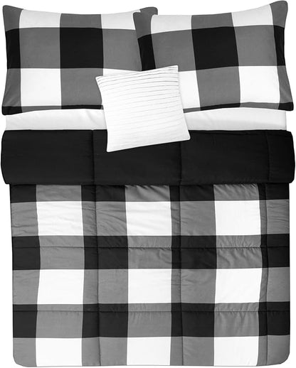 Sweet Home Collection Comforter Set 4 Piece Buffalo Check Plaid Design Soft and Luxurious All Season Warmth Down Alternative Reversible to Solid Color with 2 Shams & Throw Pillow, King, Black/White