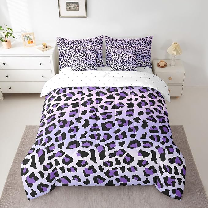 Feelyou Purple Leopard Bedding Set for All Season Cheetah 7 Pieces Comforter Sets King Size Teens Room Decor Animal Print Bed in a Bag with Comforter, Sheets, Pillowcases & Cushion Cover
