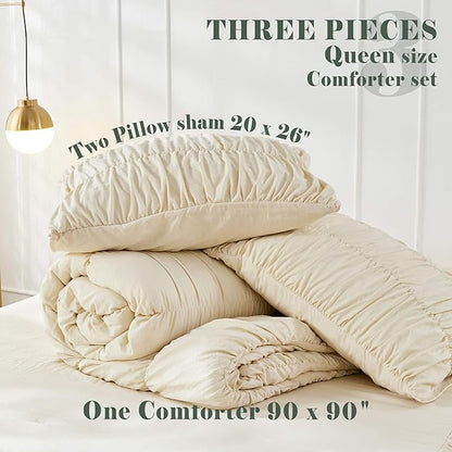 Bonlino Queen Comforter Set - Ruched Comforter Queen Size Bed Set Boho Shabby Chic Bedding for Bedroom Comforter Fluffy 3 Piece Ruffle Comforter Set with Pillow White Bedding Soft