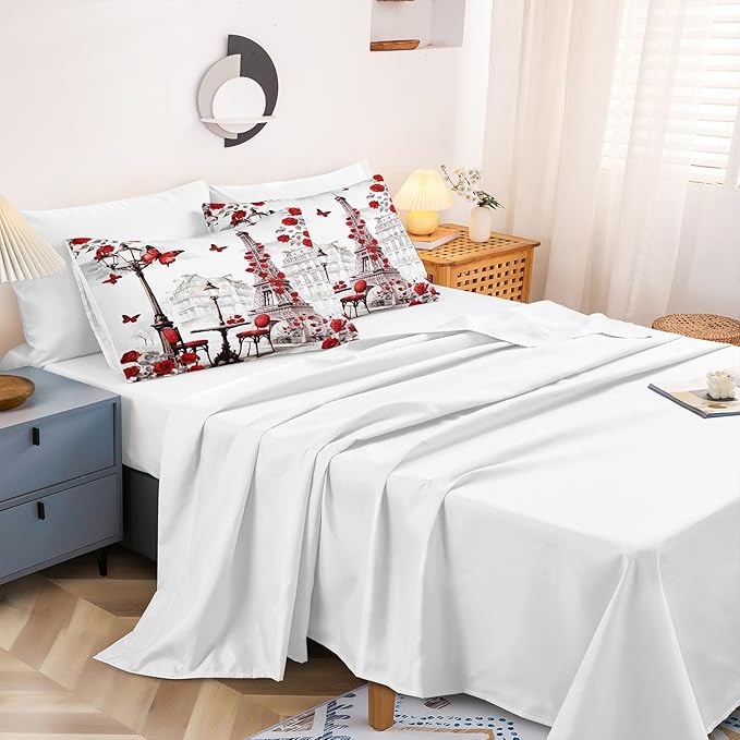 Paris Comforter Set 8 Pcs Red Rose Bedding Set Eiffel Tower Retro France Comforter Red Butterfly Romantic French Bed Comforter King Bed in A Bag