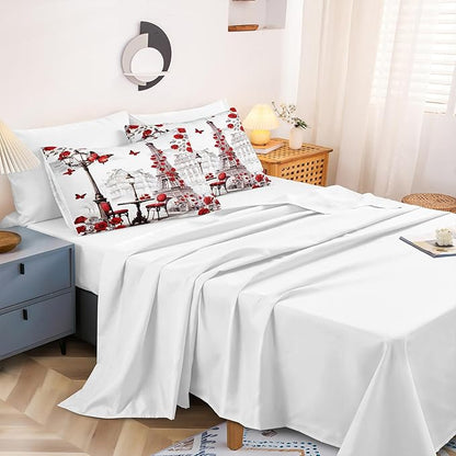 Paris Comforter Set 8 Pcs Red Rose Bedding Set Eiffel Tower Retro France Comforter Red Butterfly Romantic French Bed Comforter King Bed in A Bag