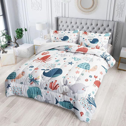 Kids Turtle Comforter Set Queen Beach Theme Dolphin Starfish Seaweed Bedding Set Sea Animal Octopus Reptile Bed Set with 2 Pillowcases for Boys Girls Room Decor