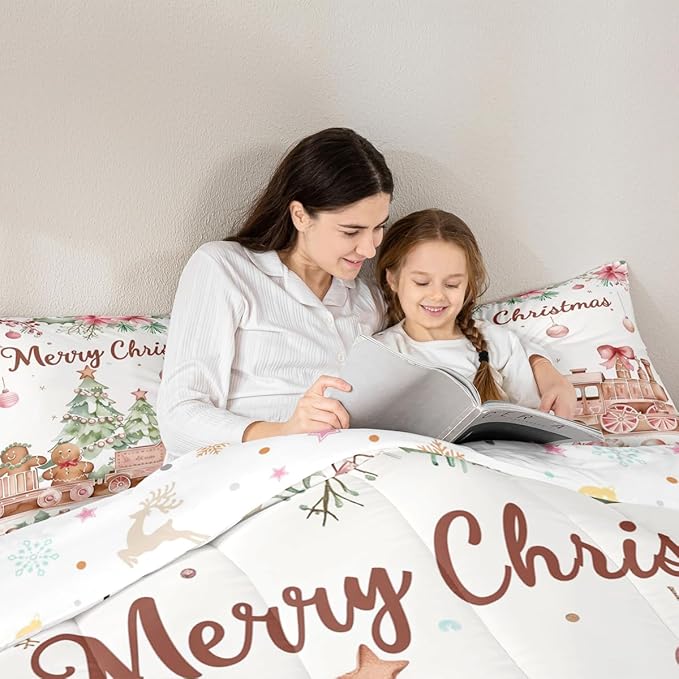 Gingerbread Train Comforter Set Twin Size,Christmas Tree Bedding Sets 2Pcs for Kids Girls Boys Women Room Decor,Holly Leaves Flower Quilted Duvet Watercolor Pink Down Comforter,1 Pillowcase