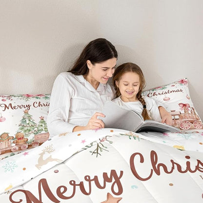 Gingerbread Train Comforter Set Twin Size,Christmas Tree Bedding Sets 2Pcs for Kids Girls Boys Women Room Decor,Holly Leaves Flower Quilted Duvet Watercolor Pink Down Comforter,1 Pillowcase