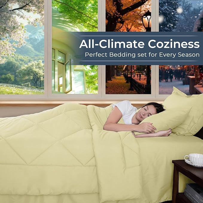 HEVUMYI Cream Yellow Twin Comforter Set - 5-Piece All Season Bed in a Bag Twin, Ultra Soft Bedding Set with Comforter, Flat Sheet, Fitted Sheet, Pillowcases, Pillow Shams