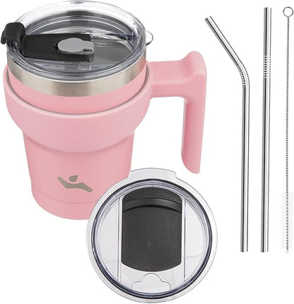 10 oz Tumbler with Handle and 2 Straw 2 Lid, Insulated Water Bottle Stainless Steel Vacuum Cup Reusable Travel Mug, Light Pink