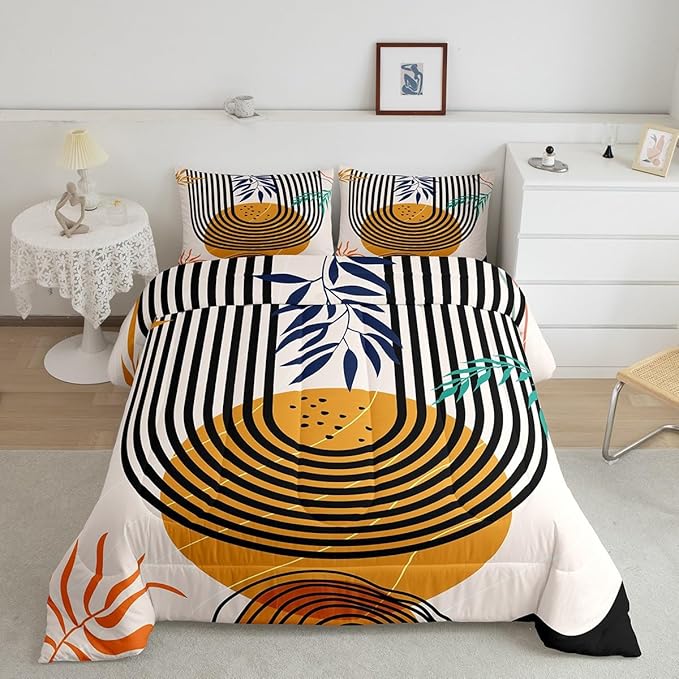 Erosebridal Mid Century Comforter Set Queen Swirl Line Bedding Set, Vintage Minimalit Down Comforter Modern Artwork Bed Set, Abstract Circle Spiral Quilted Duvet Lightweight for All Seasons