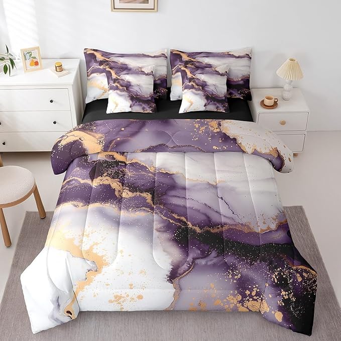 Erosebridal Purple Marbling Bedding King Size 7-Piece Watercolor Aesthetic Comforter Set, Foil Print Marble Bedding Comforter Sets Modern Abstract Art Bed in a Bag, Gold Metallic Bedding Accessories