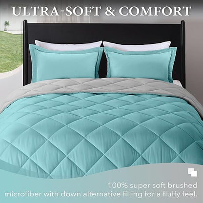 downluxe King Size Comforter Set - Turquoise and Grey King Comforter, Soft Bedding Sets for All Seasons -3 Pieces - 1 Comforter (104"x92") and 2 Pillow Shams(20"x36")
