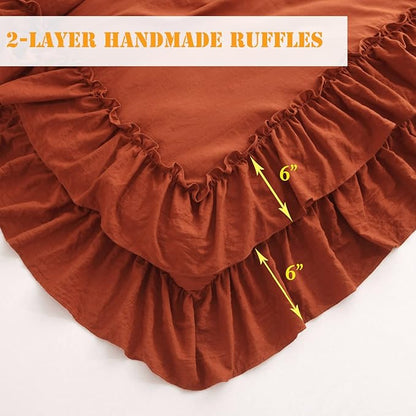 Masaca Terracotta Ruffled Comforter King Size,Shabby Burnt Orange Chic Farmhouse Bedding Lightweight Fluffy Ruffle Bed Comforter Aesthetic Rustic Bed Set 3 Pieces