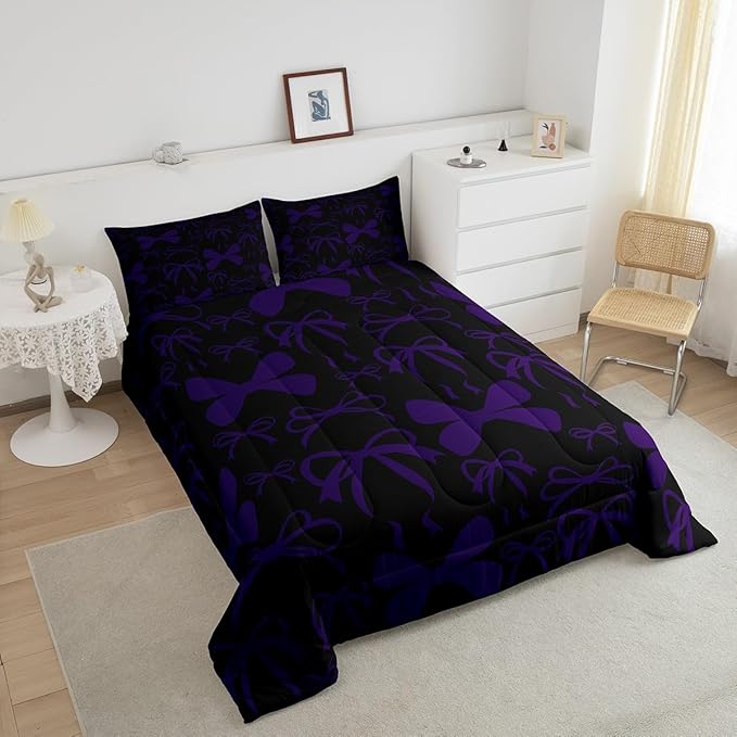 Feelyou Cute Bowknot Bedding Set Boys Girls Full Size Bow Comforter Set for Kids Women Men Ultra Soft Purple Girls Bow Comforter Lovely Duvet Set