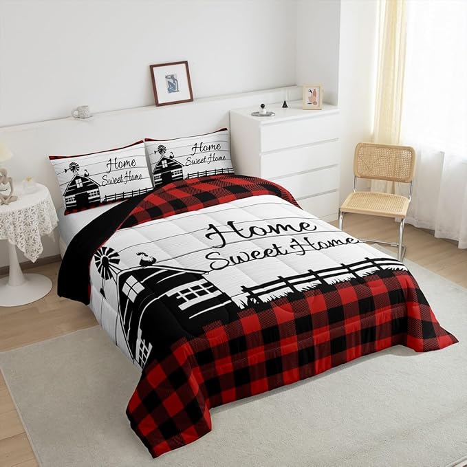 Buffalo Plaid Farmhouse Bedding Sets Full Rustic Cabin Comforter Set For Kids Adults Black Red Grids Windmill House Duvet Insert Western Country Home Room Decor Wooden Barn Door Quilt Comforter