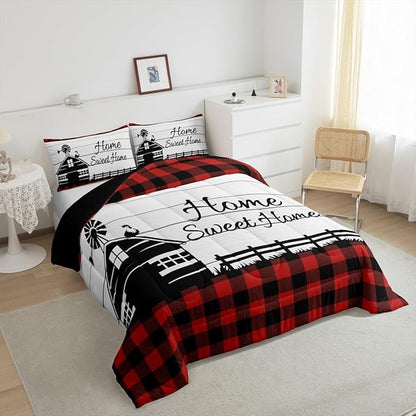 Buffalo Plaid Farmhouse Bedding Sets Full Rustic Cabin Comforter Set For Kids Adults Black Red Grids Windmill House Duvet Insert Western Country Home Room Decor Wooden Barn Door Quilt Comforter