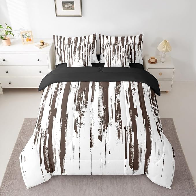 Erosebridal 7Pcs Khaki Abstract Geometric Queen Comforter Set for Women Men Adults,Boho Watercolor Bed in A Bag,Graffiti Ink Painting Modern Art Stripes Striped Quilt Set with Pillowcases