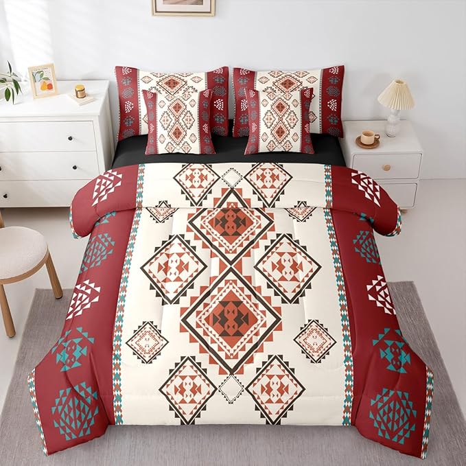 Erosebridal Vintage Western Bed in A Bag Queen 7 Pcs Exotic Geometric Aztec Comforter Set for Kids Teens Farmhouse Bohemian Mexican Style Bedding Sets Native Southwestern Sheet Set with Comforter