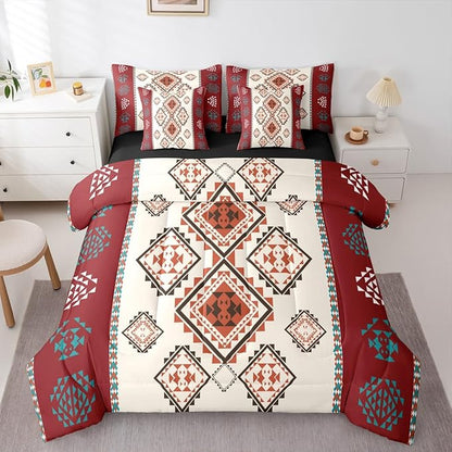 Erosebridal Vintage Western Bed in A Bag Queen 7 Pcs Exotic Geometric Aztec Comforter Set for Kids Teens Farmhouse Bohemian Mexican Style Bedding Sets Native Southwestern Sheet Set with Comforter