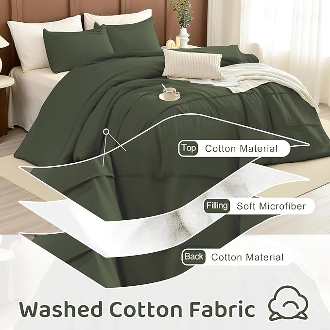 Sanracie King Comforter Set(106"x 95"), Cotton Olive Green Color Pinch Pleated Bedding Sets,3Pcs Lightweight Breathable Neutral Comforter Sets for All Season