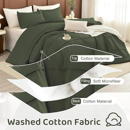 Sanracie King Comforter Set(106"x 95"), Cotton Olive Green Color Pinch Pleated Bedding Sets,3Pcs Lightweight Breathable Neutral Comforter Sets for All Season