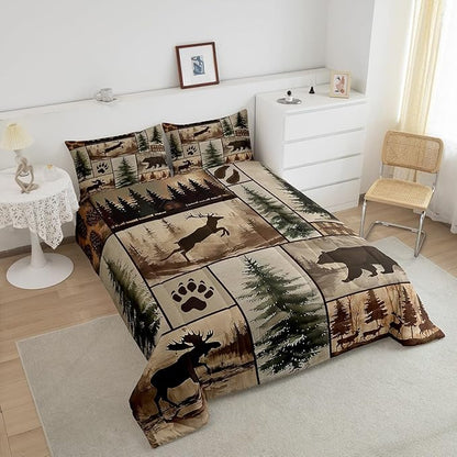 Feelyou Western Rustic Bear Deer Comforter Set Full Size, Country Farmhouse Duvet Insert, Rustic Cabin Bedding Set,Elk Forest Animal Wildlife Hunting Patchwork Lodge Quilt, 2 Pillow Shams