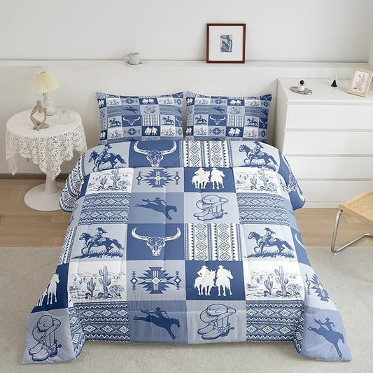 Western Cowboy Comforter Set King Size,Aztec Tribal Striped Bedding Set 3Pcs for Kids Teens Women Men Room Decor,Blue White Geometric Grid Quilt Set Vintage Rustic Duvet Insert,2 Pillowcases