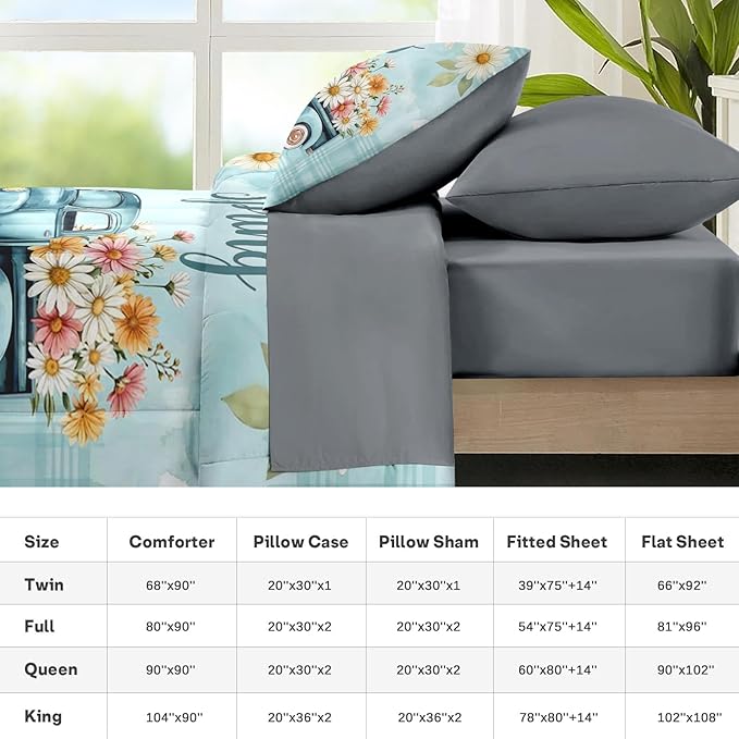 Nesker 7 Pcs Spring Comforter Set Full Size, Truck Flowers Farmhouse Bedding Set for Kids and Adults, Blue Daisy Bed Sheet Sets with Fitted Sheet 2 Pillowcases & 2 Shams