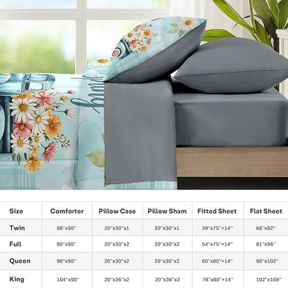 Nesker 7 Pcs Spring Comforter Set King Size, Truck Flowers Farmhouse Bedding Set for Kids and Adults, Blue Daisy Bed Sheet Sets with Fitted Sheet 2 Pillowcases & 2 Shams