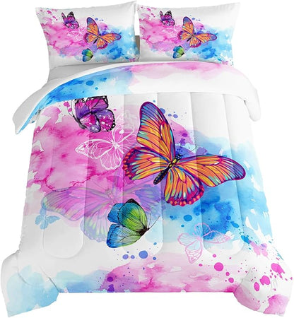 HOSIMA Butterfly Comforter Set for Girls,Pink Butterfly Comforter Twin Size for Girls Kids Women Bedroom Decor,Color Ink and Colorful Butterfly Pattern Twin Bedding Set,Butterfly Bed Set for Girls.