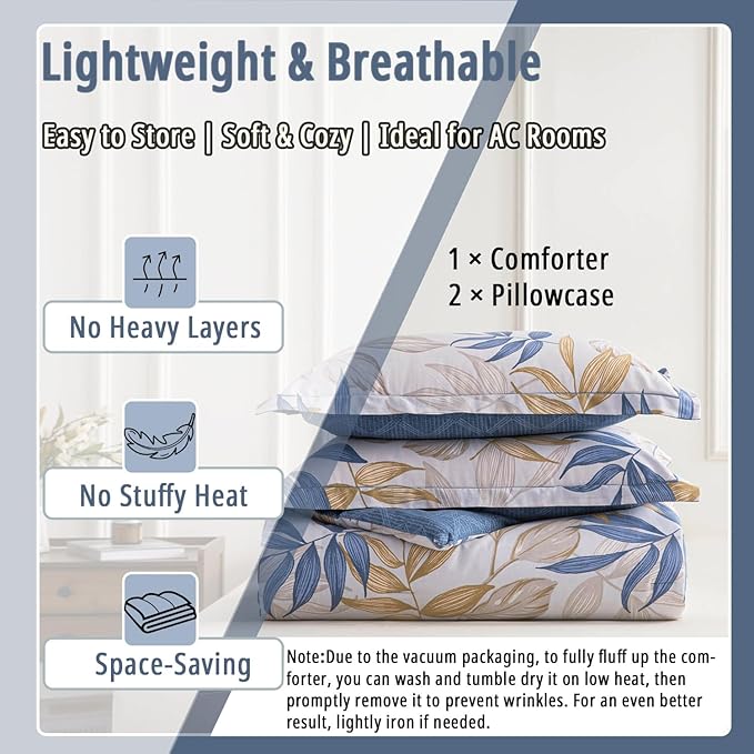 Blue Botanical Cotton Comforter Queen Size - 3PC Lightweight Bedding Sets with Ultra-Soft Alternative Fill, Reversible Design with Leaf Pattern, Dark Blue & White (1 Comforter, 2 Pillowshams)