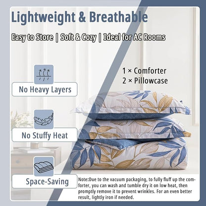 Blue Botanical Cotton Comforter King Size - 3PC Lightweight Bedding Sets with Ultra-Soft Alternative Fill, Reversible Design with Leaf Pattern, Dark Blue & White (1 Comforter, 2 Pillowshams)