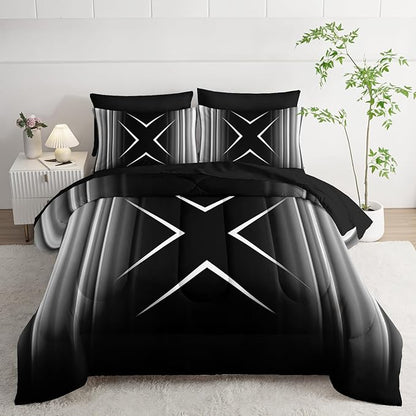 Black and White Geometric Comforter Set Queen Size 7Pieces,3D Abstract Mordern Printed Bedding Set for Adults,Geometric Mordern Decor All Seasons with Pillowcases,Flat, Fitted Sheet