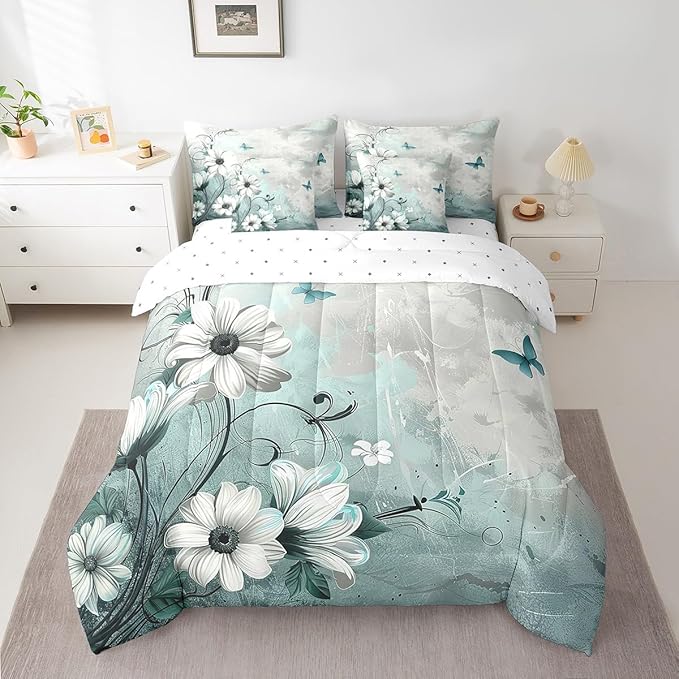 Feelyou Butterfly Comforter Set Twin Size 7 Pieces Vintage Floral Daisy Bedding Set for All Season Flower Botanical Nature Theme Bed in a Bag with Comforter, Sheets, Pillowcases & Cushion Cover