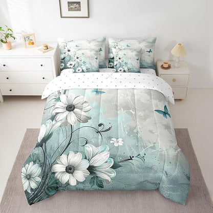 Feelyou Butterfly Comforter Set Full Size 7 Pieces Vintage Floral Daisy Bedding Set for All Season Flower Botanical Nature Theme Bed in a Bag with Comforter, Sheets, Pillowcases & Cushion Cover