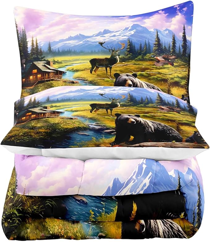 LUVIVIHOME 2PCS Black Bear Deer Comforter Set Twin Size, Mallard Duck Moose Mountain Lake Forest Animal Wildlife Hunting Hunter Country Lodge Rustic Farmhouse Cabin Bedding Sets, 1 Pillow Sham