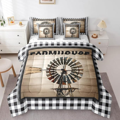 Erosebridal Farmhouse Windmill Comforter Set Bed in a Bag Full 7Pcs for Kids Boys Rustic Wooden Comforter Set with Flat Fitted Sheets, 2 Pillowcases and 2 Throw Pillow Covers
