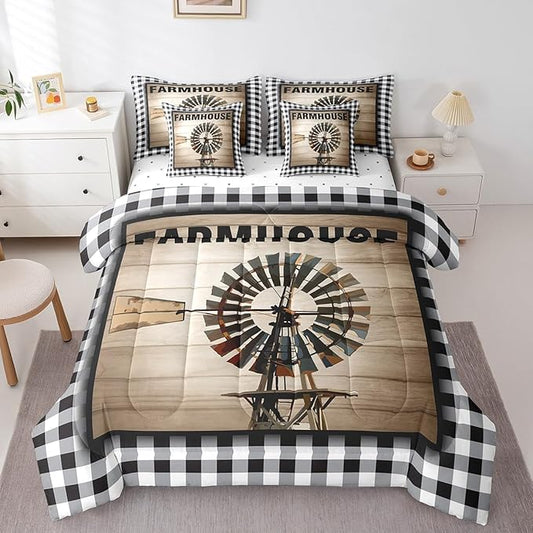 Erosebridal Farmhouse Windmill Comforter Set Bed in a Bag Full 7Pcs for Kids Boys Rustic Wooden Comforter Set with Flat Fitted Sheets, 2 Pillowcases and 2 Throw Pillow Covers