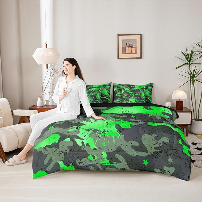Erosebridal Camouflage King Comforter Set Watercolor 7-Piece Bed in A Bag Stars Ombre Watercolor Camo Ink Splash Sheets and Pillowcases Grey Green Bed Sets