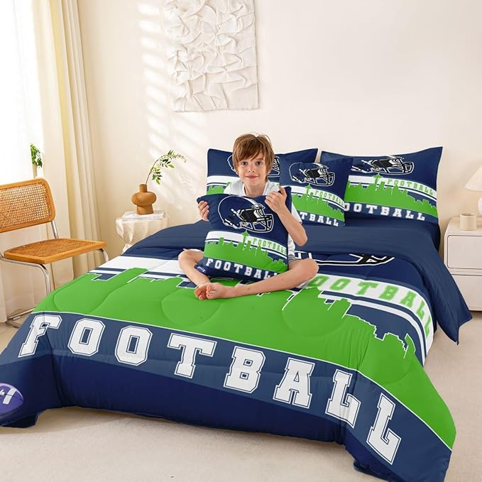 Erosebridal Football City 7 Pcs Comforter Set Queen Football Bedding Men Green Blue Rugby Game Sheet Set Bed in A Bag Football Fans Bedroom Decor Sports Ball Competition Quilt