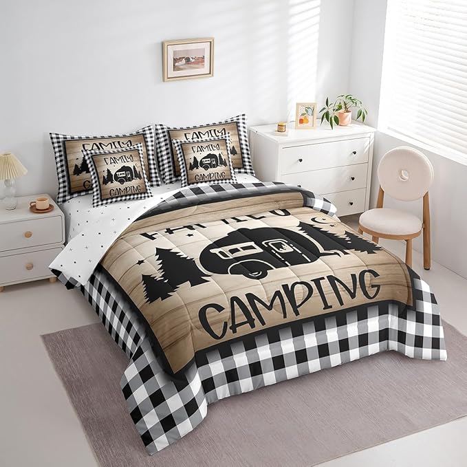 Full 7Pcs Family Camping Comforter Set - Bed in a Bag - Rv Camper - Black and White Sketch Lines Comforter Set with 1 Comforter, 1 Flat Sheet, 1 Fitted Sheet, 2 Pillowcases and 2 Throw Pillow Covers
