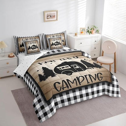 King 7Pcs Family Camping Comforter Set Bed in a Bag Rv Camper Black and White Sketch Lines Comforter Set with Sheets(1 Comforter, 1 Flat Sheet 1 Fitted Sheet 2 Pillowcases and 2 Throw Pillow Covers)
