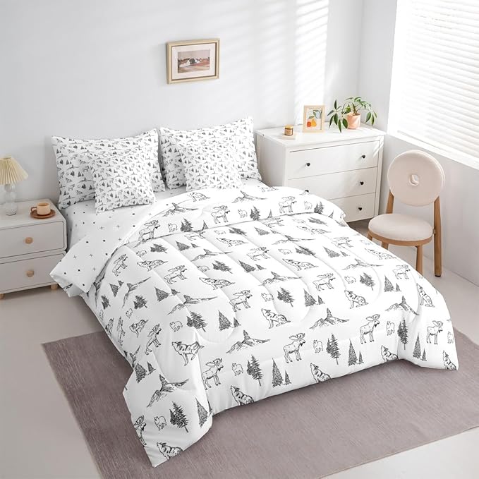 Erosebridal Woodland Animals 7 Piece Comforter Set King Size Bear Deer Wolf Hunting Theme Bedding Set for Kids Child | Rustic Cabin Lodge Decor Sheets Farmhouse Wildlife Mountain Black White Quilt