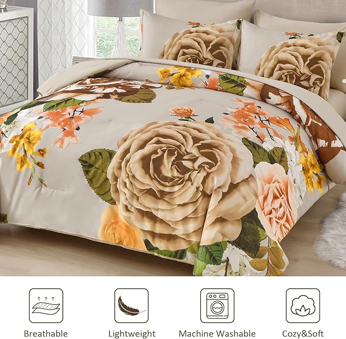 Drucon Brown Floral Comforter Set King, 7 Pieces Bed in a Bag Botanical Floral Comforter Soft Microfiber Brown Bedding Set King Size Bed with Sheet and Pillowcase