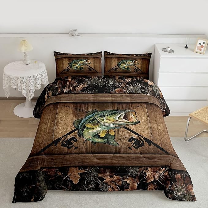 Erosebridal Camo Bass Fish Twin Bedding Set Pike Fish Fishing Comforter Set for Kids Boys Teen Men Camouflage Hunting Bed Comforter Sets,Rustic Farmhouse Quilt Duvet