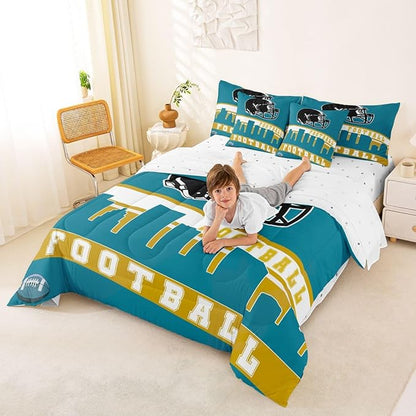 Erosebridal Football 7 Pcs Comforter Set King Football City Bedding for Kids Teal Football Fans Sheet Set Bed in A Bag Rugby Game Bedroom Decor Sports Ball Competition Bed Set