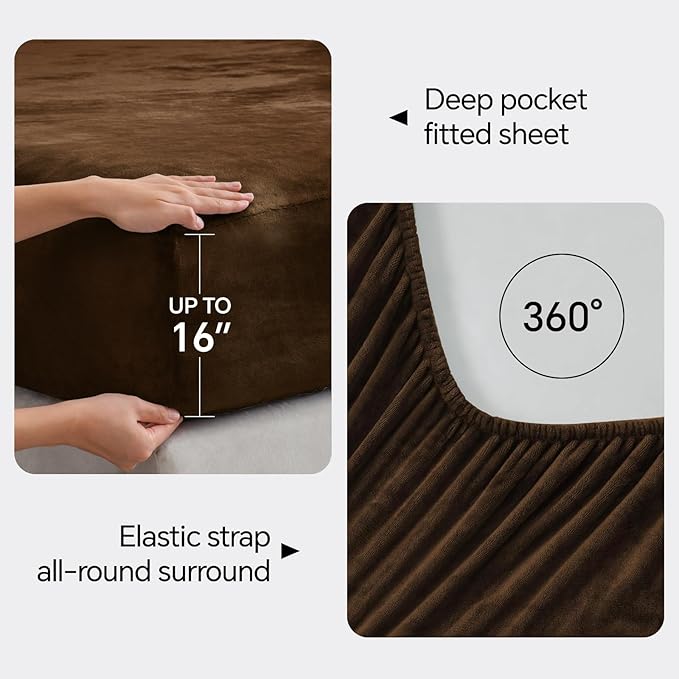 BEDELITE Flannel Sheets Queen Size Brown - Super Soft Fleece Sheets Set Fluffy Extra Plush, 4 Piece(Include Fitted Sheet, Flat Sheet, 2 Pillowcases)