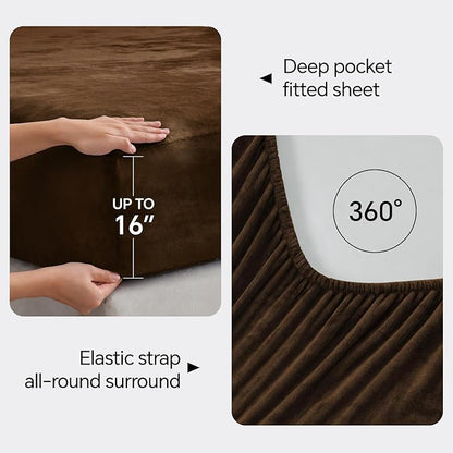BEDELITE Flannel Sheets Queen Size Brown - Super Soft Fleece Sheets Set Fluffy Extra Plush, 4 Piece(Include Fitted Sheet, Flat Sheet, 2 Pillowcases)