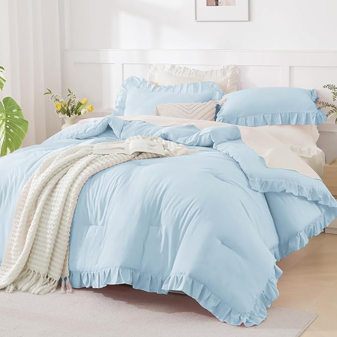 Andency Light Blue Comforters Queen Size, 3 Pieces Solid Shabby Chic Farmhouse Bedding Comforters & Sets, Lightweight Fluffy All Season Soft Down Alternative Bed Set for Women Men