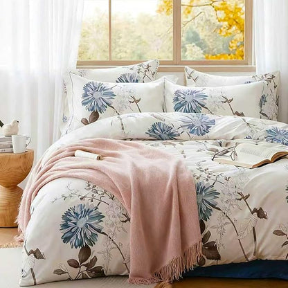 Comforter King Size Set – White Blue Floral Brown Leaf Bedding, Soft & Breathable Cotton Shell Comforter, All-Season Down-Alternative Filling, 1 Comforter & 1 Pillow Sham