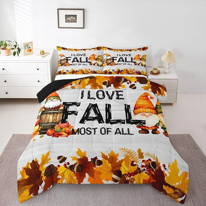 Erosebridal Gnomes Pumpkin Bedding Set Rustic Farmhouse Fall Theme Comforter Set Twin Size Thanksgiving Harvest Season Quilt Bedding Maple Leaf Pinecone Decor Bed Duvet Soft Lightweight Bedroom Decor