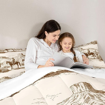 Wild West Comforter Set Full Cowboys Bedding For Man Teens Boy American Western Desert Hunting Horse Riding Bedding Comforter Sets Hand Drawn Illustration Mountain Cactus Room Decor Duvet Insert